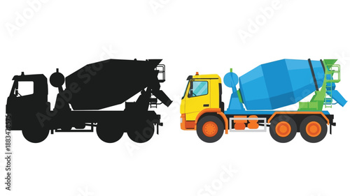 a comparison of a black silhouette and a colorful concrete mixer truck illustration