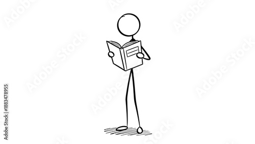 Stick Figure Man Deeply Engaged in Reading a Book While Standing on Isolated White Background