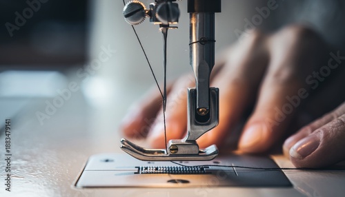 Sewing machine presser foot and needle with black thread ready for stitching, showing a detailed macro view of the mechanism with a hand blurred in the background