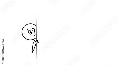 Mischievous stick figure man peeking from behind a wall or corner, smiling slyly and looking playful on an isolated white background.