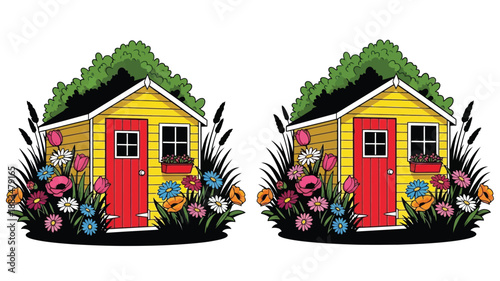 two charming yellow garden sheds surrounded by vibrant flowers and lush green foliage