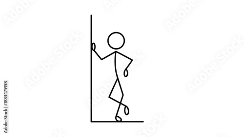 Stick figure man confidently leaning against a wall, standing tall and determined on an isolated white background.