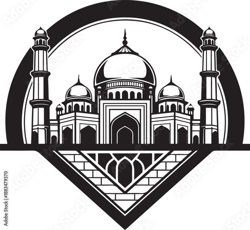 Monochrome illustration of a majestic mosque with intricate architecture, viewed from a low angle, highlighting its grandeur and serene atmosphere, file eps