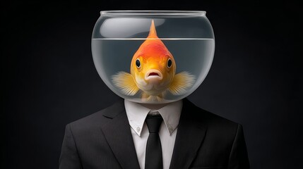 High portrait of a goldfish in a glass bowl, wearing a black suit, white shirt, and black tie, against a dark background, showcasing an anthropomorphic concept with ultra-photorealistic details
