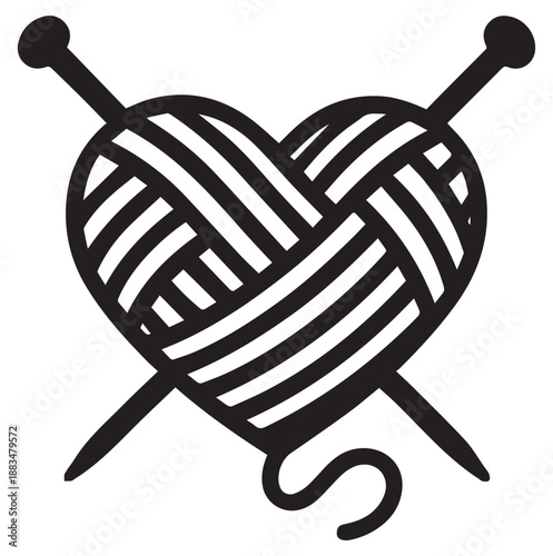 Heart-shaped yarn ball with knitting needles symbolizing love for crafts and handmade creations.