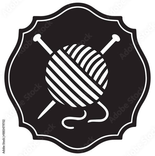 Cozy craft emblem featuring yarn and knitting needles