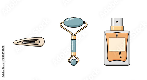 Skincare and beauty products jade roller perfume bottle and hair clip on white background for facial care and cosmetics