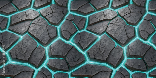 Molten rock surface with glowing turquoise cracks, creating a striking and futuristic appearance.