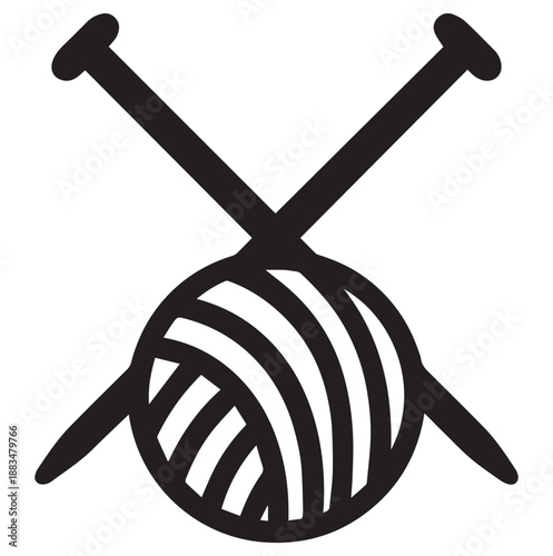 Simple graphic of crossed knitting needles and a ball of yarn