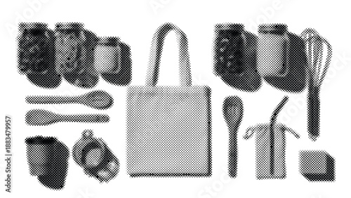 Halftone illustration of reusable shopping bag and eco friendly products for sustainable living