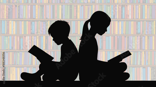 Silhouettes of a young boy and girl reading books back to back in front of bookshelves