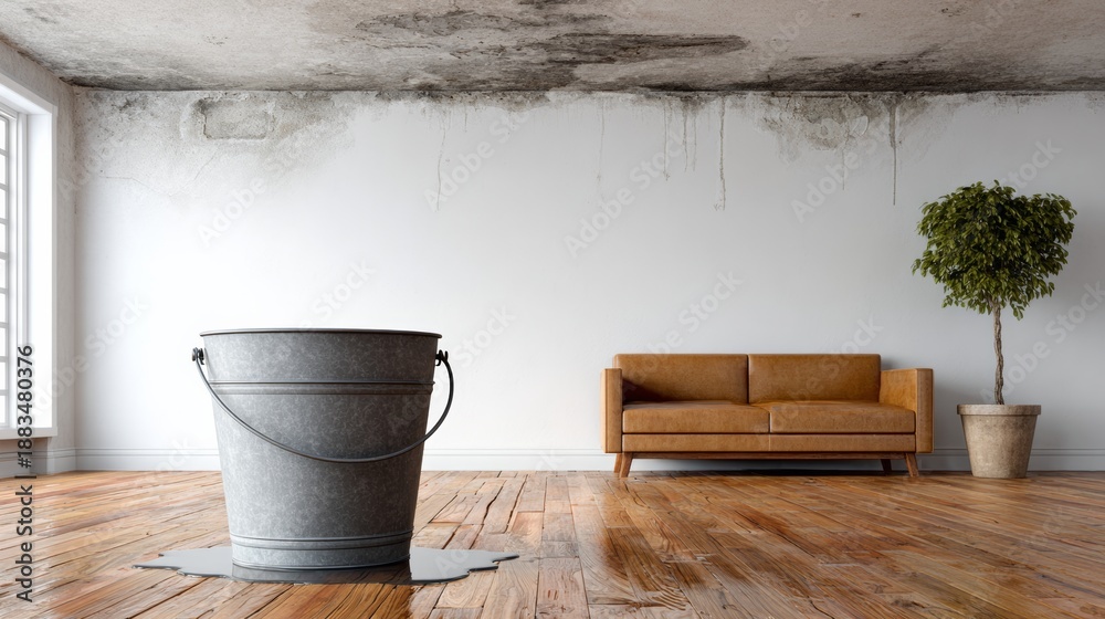 Naklejka premium Interior scene showing water damage from a roof leak with a metal bucket collecting dripping water on wooden floor, a brown sofa, and a potted plant in a residential setting
