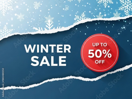 Winter sale banner with up to 50 percent discount offer and snowflakes