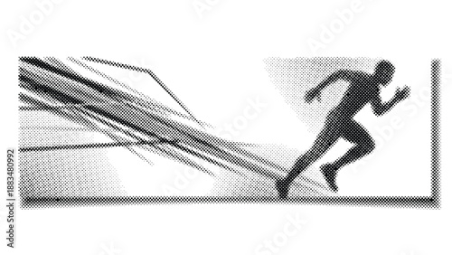 halftone illustration of a man running fast with speed lines  fast motion