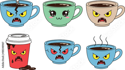 Cartoon coffee cups with expressive faces showing emotions like anger and joy, vector illustration for humor, branding, and design