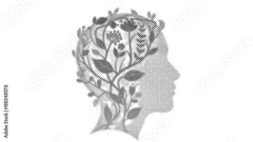 Halftone illustration of human head with flowers and leaves growing out of it in profile view