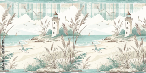 Scenic beach landscape with a lighthouse, soft colors, and delicate coastal vegetation.