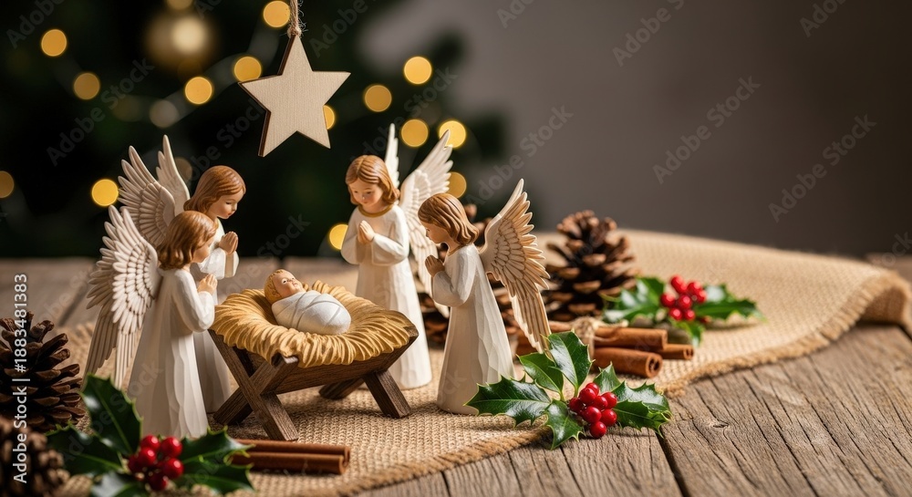 Fototapeta premium Nativity scene with angels and baby Jesus for Christmas celebration. Religious holiday concept for traditional seasonal decor