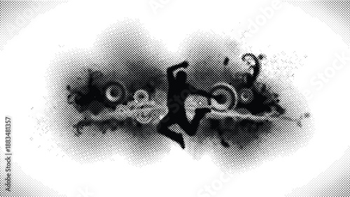 halftone illustration of a person running with smoke  athletic motion