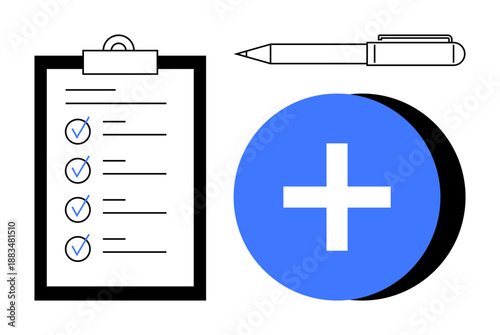 Task management. Checklist with a pen and plus sign productivity and organization. Task management for goal setting, organization apps, personal planning, workflow optimization, and business tools