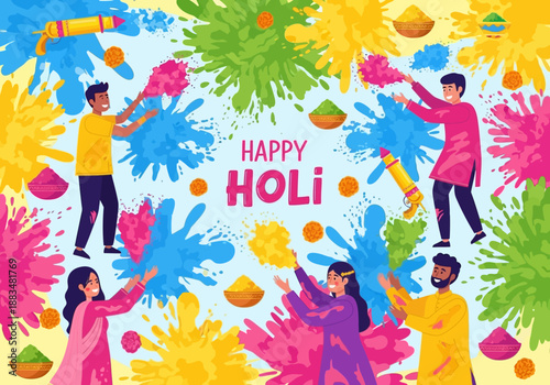 Vibrant celebration of Holi with people throwing colorful powders and throwing hands up in joy