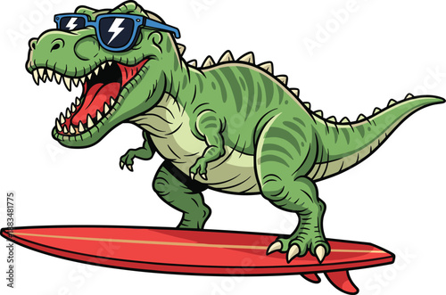 Cool Green Tyrannosaurus Rex Cartoon Character Wearing Sunglasses Surfing on Red Surfboard Isolated on White Background Vector Illustration for Summer Beach Sports Apparel Design