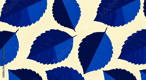 Blue leaf pattern is shown in a white background. The leaves are blue and white