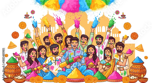 Vibrant Celebration of Colorful Gathering with People Throwing Paints and Powders in a Joyful Scene