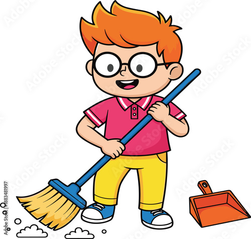 Cute cartoon boy sweeping floor with broom and dustpan, colorful vector illustration for kids household chores, cleanliness education, responsibility learning, and daily routine concept