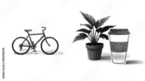 Halftone illustration of bicycle plant and glass of water on white background