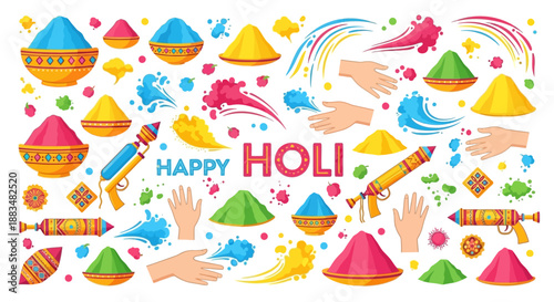 Vibrant Holi Celebration with Colorful Powders and Hands