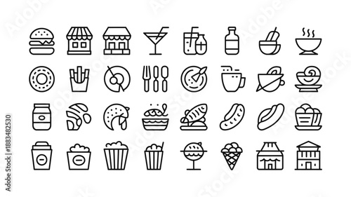 Minimal line food and restaurant icon set including burger, pizza, coffee, drink, dessert and cafe symbols, clean outline vector icons collection, editable EPS design isolated on white background