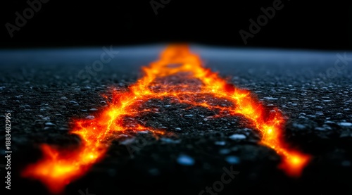 Road with a line of fire on it. The fire is so bright that it is almost blinding. The road is empty