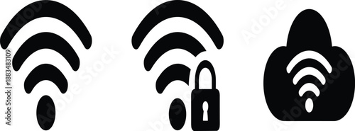 WiFi network icons set with secure lock and cloud signal, clean black vector illustration for internet connection, wireless technology, cybersecurity, and UI design concepts
