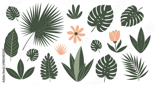 A vibrant collection of stylized tropical leaves and delicate flowers on a white background, perfect for nature-inspired designs.