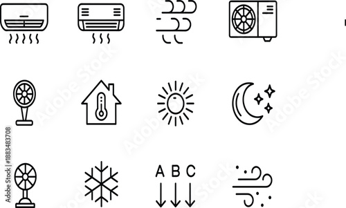 Climate control and air conditioning icons set with heating cooling temperature and weather symbols, clean vector illustration for HVAC systems, smart home, and UI design