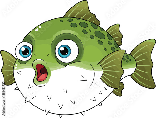 Cartoon green pufferfish illustration with surprised expression, inflated body, blue eyes, striped fins, spiky texture, isolated on white background
