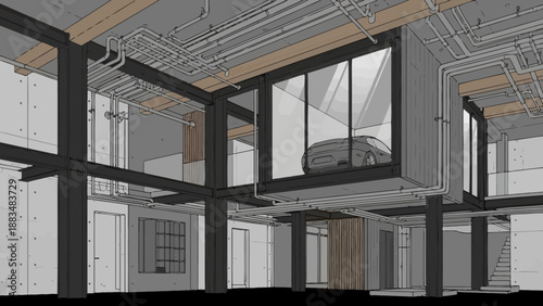 Modern architectural rendering of an open-plan office space.