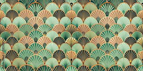 Stylish fan motif pattern in teal, gold, and beige tones, perfect for home decor.