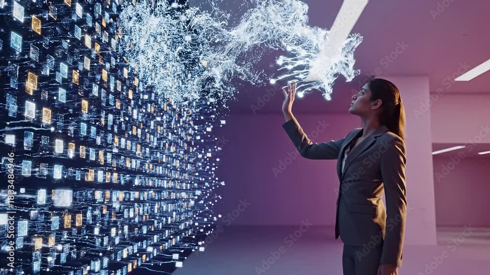 custom made wallpaper toronto digitalBusiness professional interacting with digital data transformation visualization. Abstract network of blockchain nodes, cloud computing architecture, and distributed information systems for enterprise