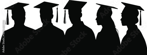 Five graduate students stand together wearing caps and gowns on a clean white background