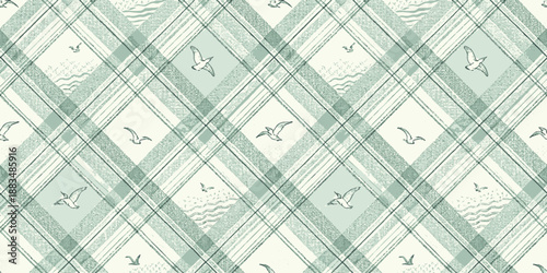 Stylish green and white patterned fabric featuring diamond shapes and delicate bird illustrations.