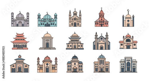 Vector illustration set featuring a diverse collection of global religious buildings and iconic places of worship from different cultures and faiths