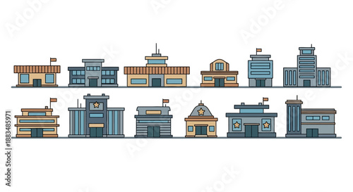 Diverse collection of flat design public and civic buildings, featuring various government, administration, and municipal architectural structures for urban landscapes