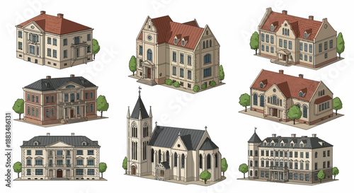 Isometric collection of detailed European architectural illustrations, featuring classic houses, grand mansions, and a traditional church, perfect for design and historical context projects