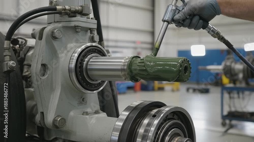 Airplane maintenance technician applying green grease metal shaft industrial hangar showing detailed mechanical repair work with focused precision