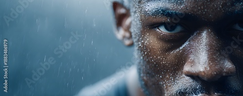 Close up on the intense face of an African American male athlete covered in sweat and water droplets from heavy rain during an intense workout