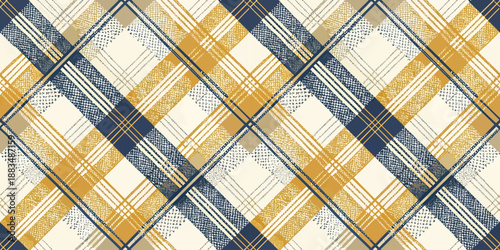 Stylish plaid pattern featuring navy, beige, and gold colors in a contemporary design.