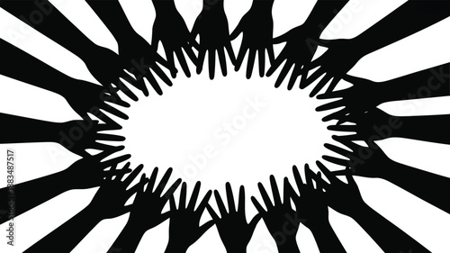 Many diverse hands form a collaborative circle reaching towards the center on a white background