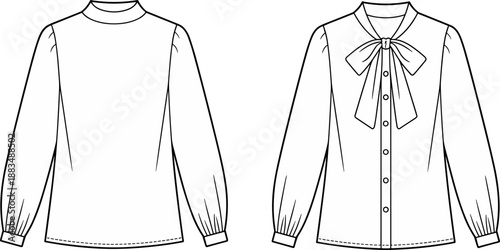 Technical flat sketch of women's pussy bow blouse with high neck collar and long sleeves, fashion vector illustration of elegant professional button up top.